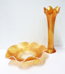 2 x pieces vintage Marygold Carnival Glass - Dragon & Rose pattern Bowl w Va