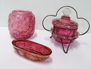 3 x Victorian Ruby Glass Ware Items inc, sugar bowl in a metal cradle, oval trin