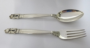 Georg Jensen Sterling Silver fork and spoon in the Acorn Pattern, MHmarked to ba