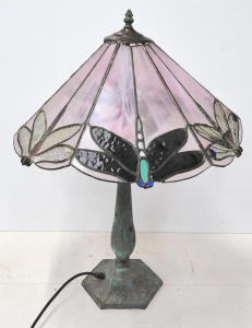 Lot 19 - Vintage Tiffany style Lamp - Ornate metal base w Leadlight Dragonfly Sh Lot 19 - Vintage Tiffany style Lamp - Ornate metal base w Leadlight Dragonfly Sh