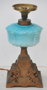Lot 21 - Victorian Electrified Oil Lamp - Blue milk glass font, Pierced brass ba