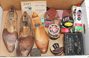 Lot 23 - Lot of assorted Cobbler's Tools & Packaging inc Matching Pair of Wi Lot 23 - Lot of assorted Cobbler's Tools & Packaging inc Matching Pair of Wi