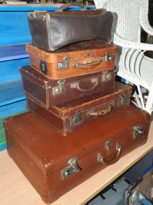 Lot 40 - 5 x Vintage Suit & Other Cases & White Cane Chair incl Briefcas Lot 40 - 5 x Vintage Suit & Other Cases & White Cane Chair incl Briefcas