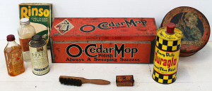 Lot 43 - Box Lot of Vintage Cleaning Supply Tins & Packaging inc Large O-Ced