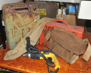 Lot 49 - Group Lot of Mixed Items incl Bosch Drill,2 x Army Ammo Boxes, Dewalt D
