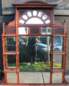 Lot 51 - Edwardian Pine Square Overmantel w Decorative Carvings, Shelving & Lot 51 - Edwardian Pine Square Overmantel w Decorative Carvings, Shelving &