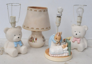 Lot 55 - 4 x Vintage Childrens Ceramic Nursery Lamps inc Bunnykins & Shade w