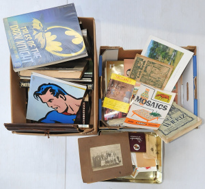 Lot 57 - 2 x boxes inc Books, Vintage Ephemera- Stamps, Aust Postcards, Snapsho
