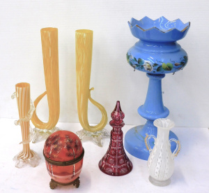 Lot 70 - Group lot of AF Victorian glass inc Hand painted Brass mounted lidded b