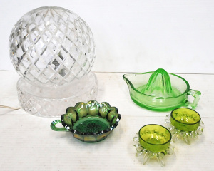 Lot 78 - Lot of Glass Pieces incl Cut Crystal Boudoir Lamp, Green Glass Juicer,