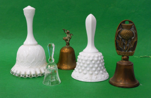Lot 82 - 4 x Vintage Bells inc Swarovski Crystal, Milk Glass, Scottish brass wit Lot 82 - 4 x Vintage Bells inc Swarovski Crystal, Milk Glass, Scottish brass wit