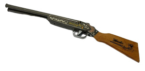 Lot 96 - Vintage tin toy Hunter rifle, wooden handle, made in Japan 50cms L