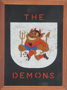 Lot 102 - Framed Vintage Melbourne Football Club Foil Mascot picture Reverse ha Lot 102 - Framed Vintage Melbourne Football Club Foil Mascot picture Reverse ha