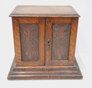 Lot 104 - Vintage c1920's small Oak Tobacco Cabinet - 2 small Drawers & shel Lot 104 - Vintage c1920's small Oak Tobacco Cabinet - 2 small Drawers & shel
