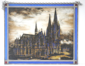 Lot 107 - Vintage leadlight framed Glass Panel featuring hand coloured Image of Lot 107 - Vintage leadlight framed Glass Panel featuring hand coloured Image of