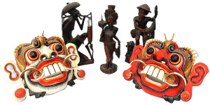 Lot 111 - 5 pces Wooden carved Eastern items inc 2 x Balinese Carved Masks & Lot 111 - 5 pces Wooden carved Eastern items inc 2 x Balinese Carved Masks &