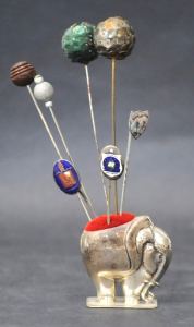 Lot 144 - Sterling Silver - 925 Elephant Hat Pin Holder with Hatpins & Stick
