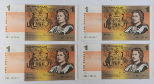 Lot 154 - 4 x Vintage Australian $1 Consecutive Serial Number Bank Notes with Jo Lot 154 - 4 x Vintage Australian $1 Consecutive Serial Number Bank Notes with Jo