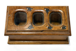 Lot 156 - Victorian walnut Stamp box with glass windows & handpainted swallo