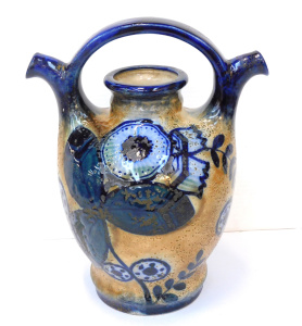 Lot 169 - Vintage ceramic glazed twin spout vessel - white ground with hand pain Lot 169 - Vintage ceramic glazed twin spout vessel - white ground with hand pain