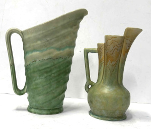 Lot 179 - 2 x 1930s Art Deco Beswick Jugs - green mottled glazes - tallest 27cms