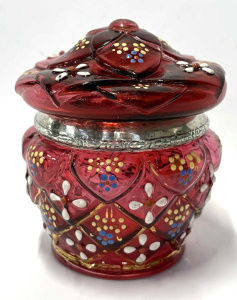 Lot 186 - Pretty Victorian jewelled ruby glass lidded jar with unmarked silver