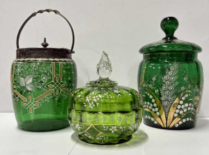 Lot 193 - 3 x pces Green Victorian glass, biscuits barrels, Lidded bowl -with je Lot 193 - 3 x pces Green Victorian glass, biscuits barrels, Lidded bowl -with je