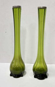 Lot 196 - Pair Art Nouveau green art glass Vases, slender with silver collars hm