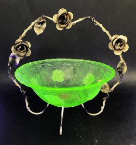 Lot 200 - Victorian Uranium glass Brides Basket - floral detail with fitted meta Lot 200 - Victorian Uranium glass Brides Basket - floral detail with fitted meta