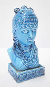 Lot 208 - Vintage Unmarked Blue Glazed Bust of an Eastern Goddess - 19cm H
