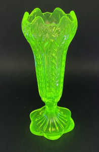 Lot 215 - Vintage Citrine Uranium Glass Pedestal vase - scalloped base - horizon Lot 215 - Vintage Citrine Uranium Glass Pedestal vase - scalloped base - horizon