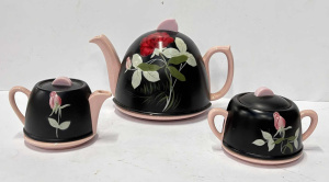 Lot 219 - 3 x pces Art Deco 1930s Ever-Hot teaset - pink china with black rose f Lot 219 - 3 x pces Art Deco 1930s Ever-Hot teaset - pink china with black rose f