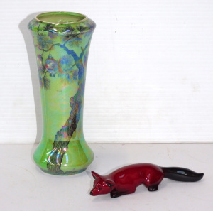 2 pces vintage English ceramics inc Wilkinson Green Lustre vase with black tree