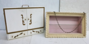 2 x 1960s Wooden Items inc, pink painted with cream frame wall Shadow Box, appro