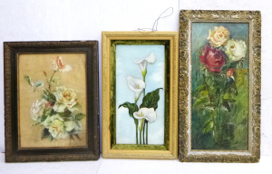 3 x Circa 1900 Framed Floral Paintings inc, Lillies on glass, Oil painting of ro