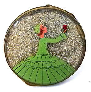 Art Deco Ladies Powder Compact with decorative lid - young girl holding a rose w