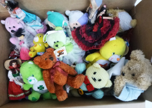 Box lot of mostly Soft Toys inc, vintage & modern Care Bears, Flamenco Dance