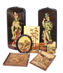Group lot of Italian & other inlaid wooden panels inc clowns, coastal scene,