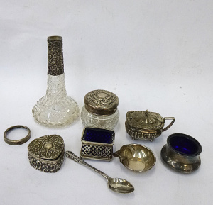 Group lot of Mostly Hmarked English Sterling Silver items inc, salts, trinket bo