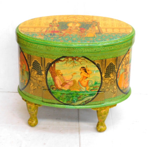 Indian Lacquered Papier Mache Footed Jewellery chest - lower draw & tray ins