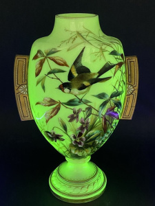 Victorian Hand Painted Uranium Milk Glass Vase - Gilt hand hand painted oblomng