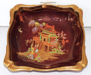 Vintage Carlton Ware Rouge Royale Square hand painted Pagoda Bowl w gilt rim 21