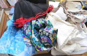 2 x Boxes vintage Clothing & Napery incl 60s Colourful Dresses, Dollies, Emb