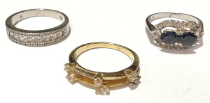 3 x rings - 14ct ygold with tiny white stones (3 grms), 2 silver incl Blue sapph