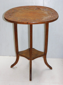1930s Carved tall Side table ewith lower shelf 77cm H