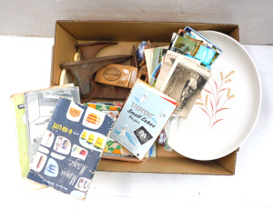 Box lot mixed inc Ephemera - Postcards, Vintage Cookbooks, Cast iron shoe lasts,