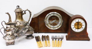 Mixed Group lot inc EPNS 3 pce Coffee Set, Sugar Scuttle, Wooden inlaid dome fre