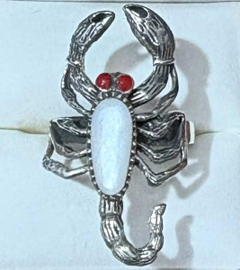 Silver Scorpion Ring set with coral stones for eyes & MOP stone to body
