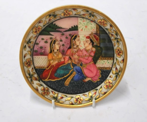 Small Alabaster Dish w Decorative Hand painted Indian Interior scene w 3 x seate