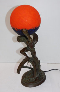 Vintage Bronze Atlas Lamp - Titan Atlas holding Blue & Orange Globe 46cm H